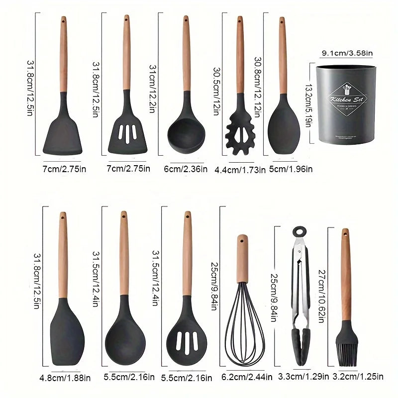 Utensílios de cozinha em silicone, conjunto de utensílios de cozinha de 12 peças, utensílios de cozinha em madeira, utensílios de cozinha e conjunto de espátula.