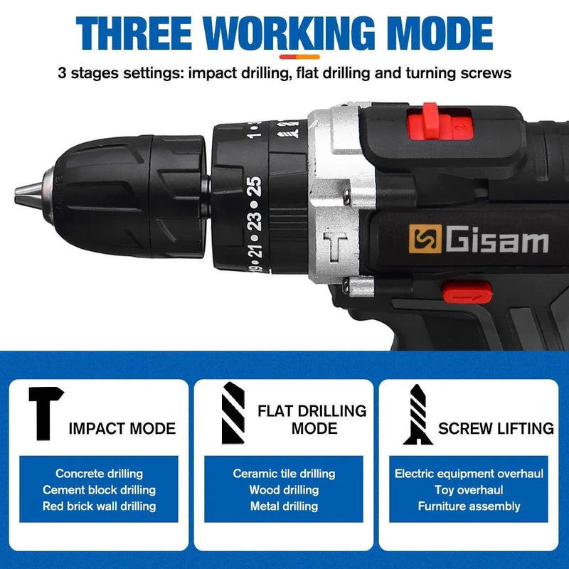 Gisam 88vf berbequim de impacto elétrico sem fios chave de fendas elétrica bateria de lítio recarregável 2 velocidades