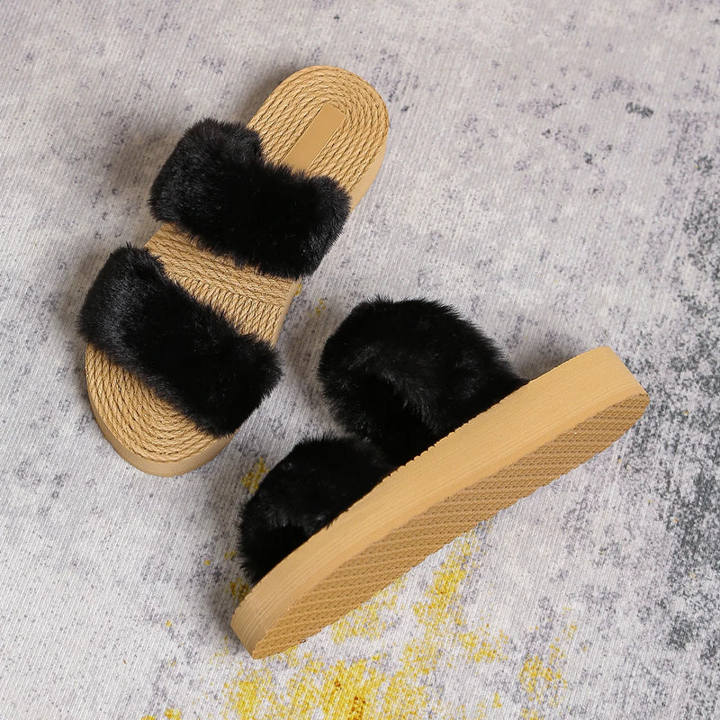 Women's fashion trend anti-slip wear soft bottom fur double strap flip-flops