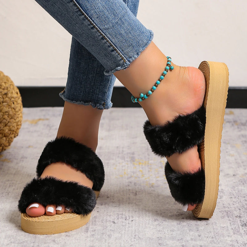 Women's fashion trend anti-slip wear soft bottom fur double strap flip-flops