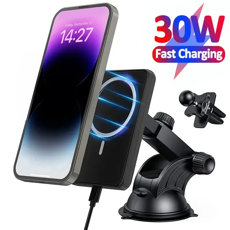 Carregador magnético sem fios para automóvel 30w, suporte para telemóvel com saída de ar para iphone 15 14 13 pro max mini estação de carregamento rápido.