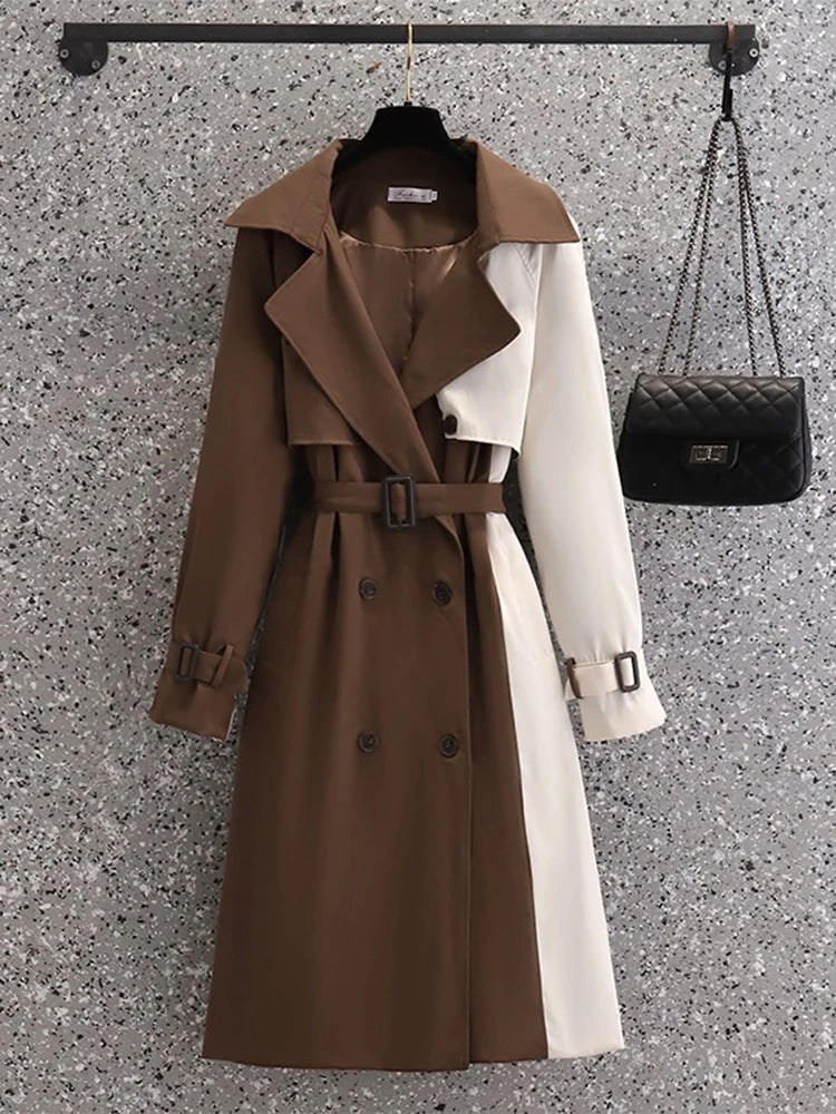 Outono longo trench coats feminino casual retalhos.