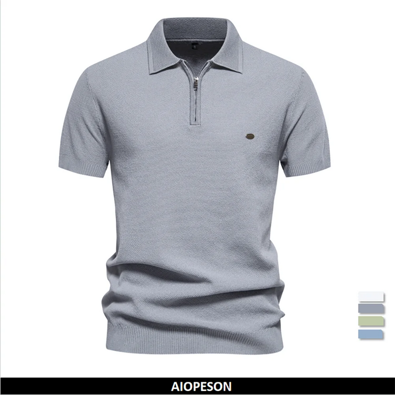 2024 New Summer Brand Quality Ribbed Knit Polo Shirt for Men Breathable and Cool Mens Zipper Textured Polo Shirts Short Sleeved