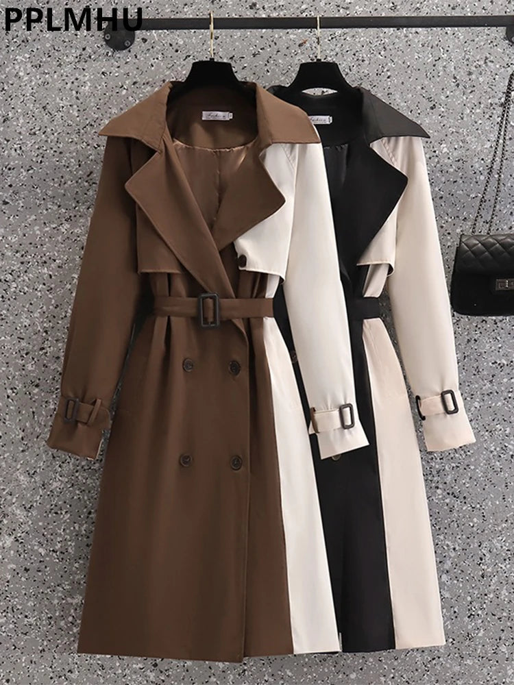 Outono longo trench coats feminino casual retalhos.