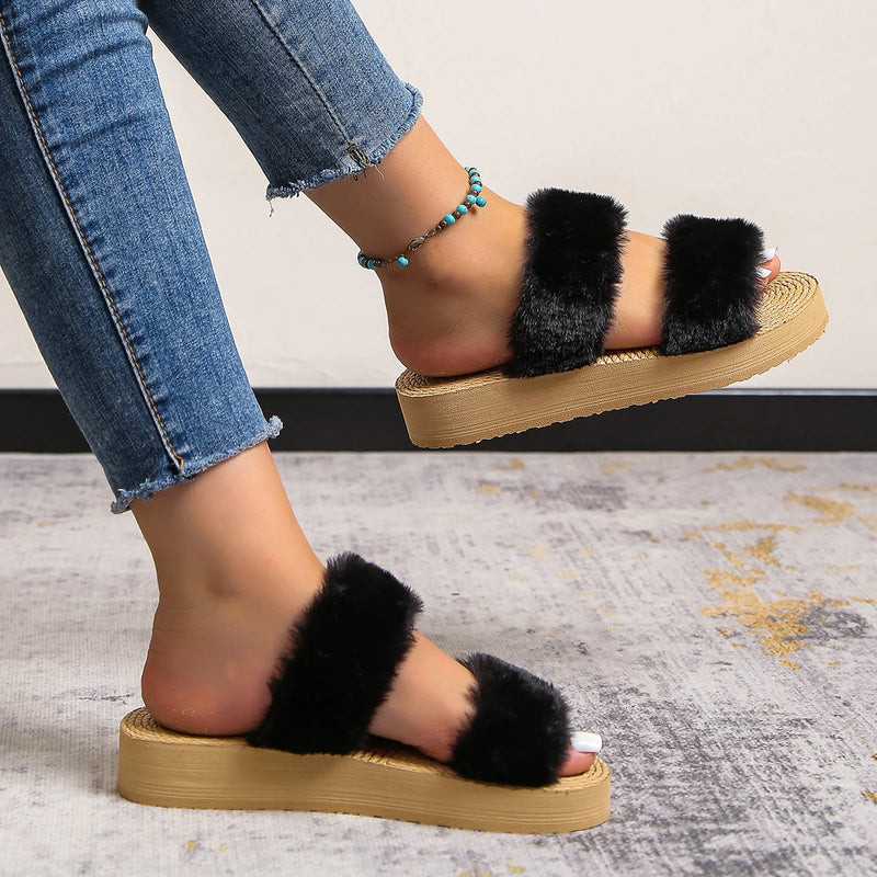 Women's fashion trend anti-slip wear soft bottom fur double strap flip-flops