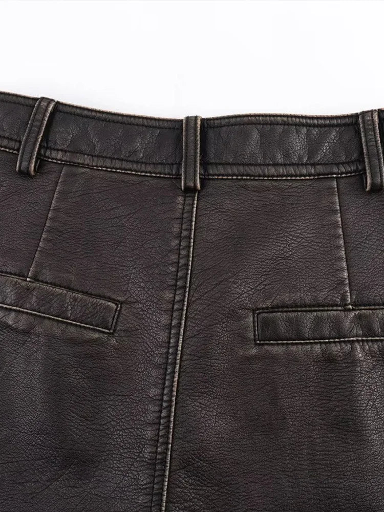 Moda feminina pu marrom zíper frontal mini saias shorts vintage.