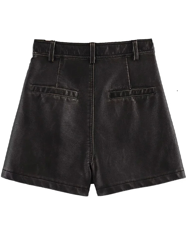 Moda feminina pu marrom zíper frontal mini saias shorts vintage.