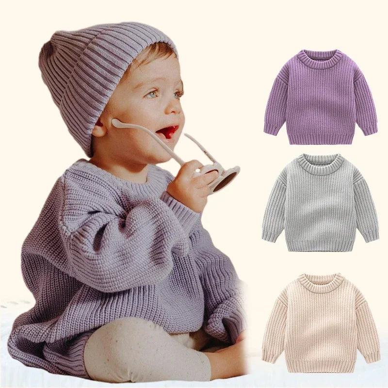 2023 New Baby Sweaters Autumn Winter Solid Color Knitted Sweater for Baby Toddler Loose Round Neck Kids Outwear Baby Clothes