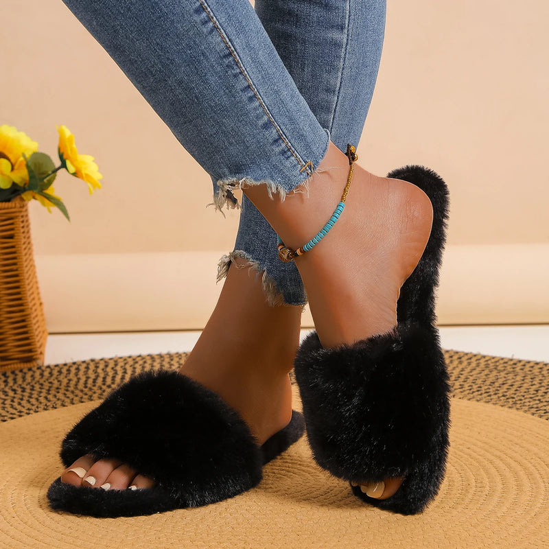 Women's fashion trend anti-slip wear comfortable soft sole fluffy flat flip-flops