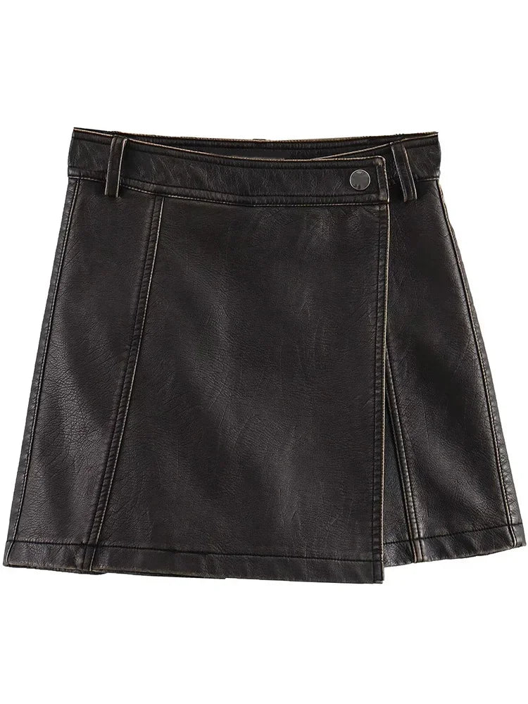 Moda feminina pu marrom zíper frontal mini saias shorts vintage.