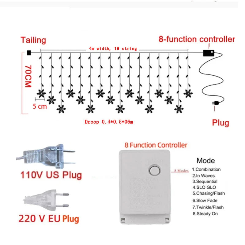 Cortina de luz LED 4M Guirlanda Iluminação de Natal Decorações de Natal.