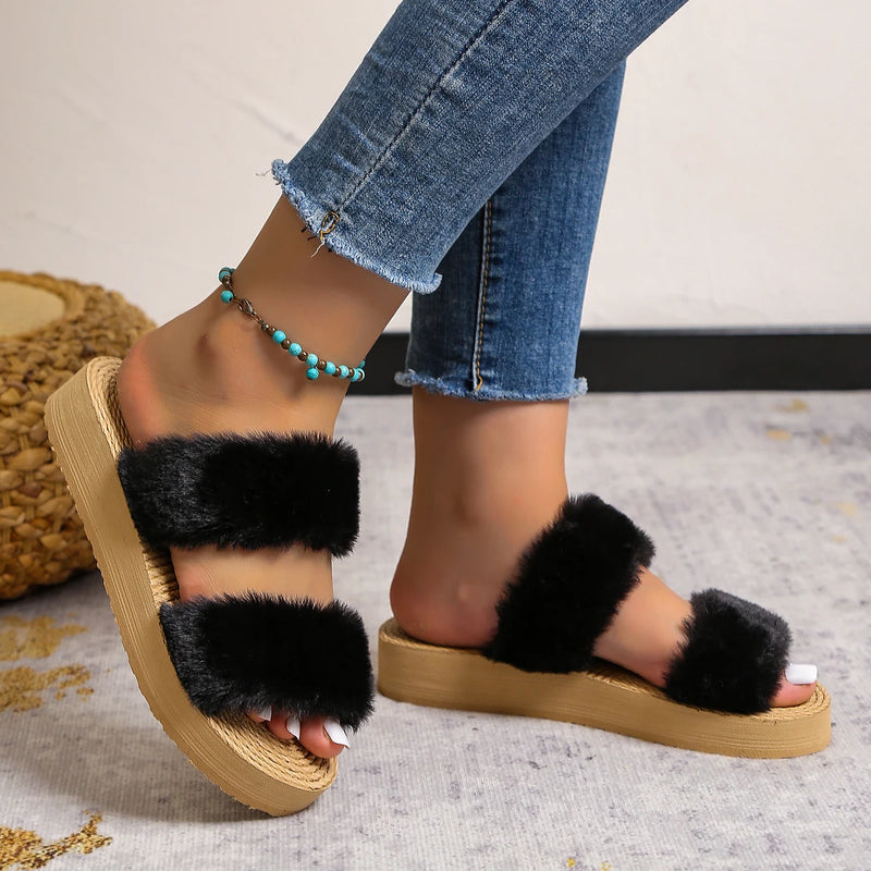 Women's fashion trend anti-slip wear soft bottom fur double strap flip-flops