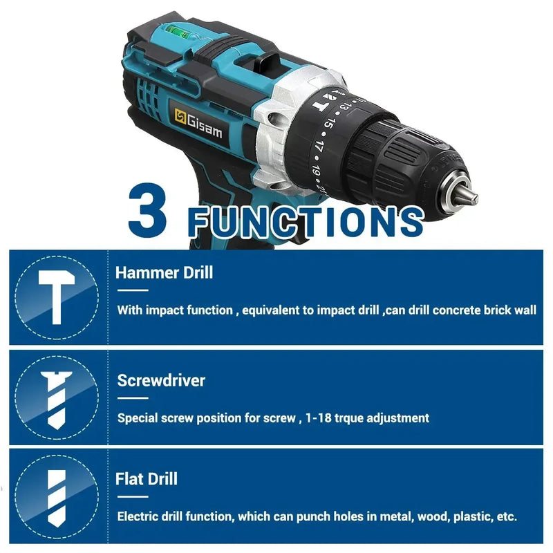 Gisam chave de fenda de impacto da bateria multifuncional furadeira sem fio ferramenta elétrica 25 + 3 ajuste torque 2 velocidade da engrenagem chave de fenda elétrica