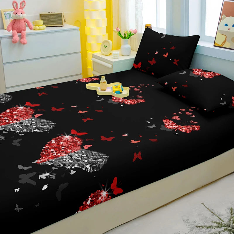 1 Simple Modern Heart-Shaped Printed Matte Fitted Sheet, Bedroom Printed Bed Cover, Bedding (Excluding Pillowcases)