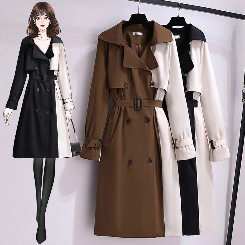 Outono longo trench coats feminino casual retalhos.