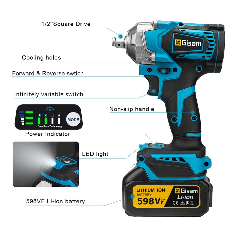 1200N.M Torque Brushless Electric Impact Wrench 1/2 Inch Cordless Electric Wrench Screwdriver Power Tools For Makita 18V Battery