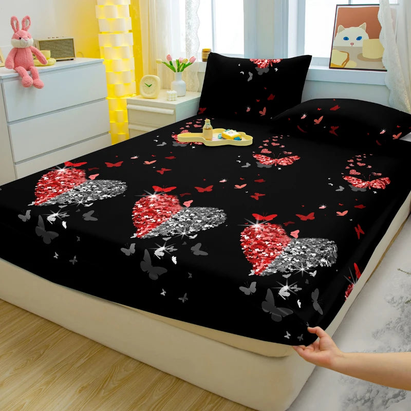 1 Simple Modern Heart-Shaped Printed Matte Fitted Sheet, Bedroom Printed Bed Cover, Bedding (Excluding Pillowcases)