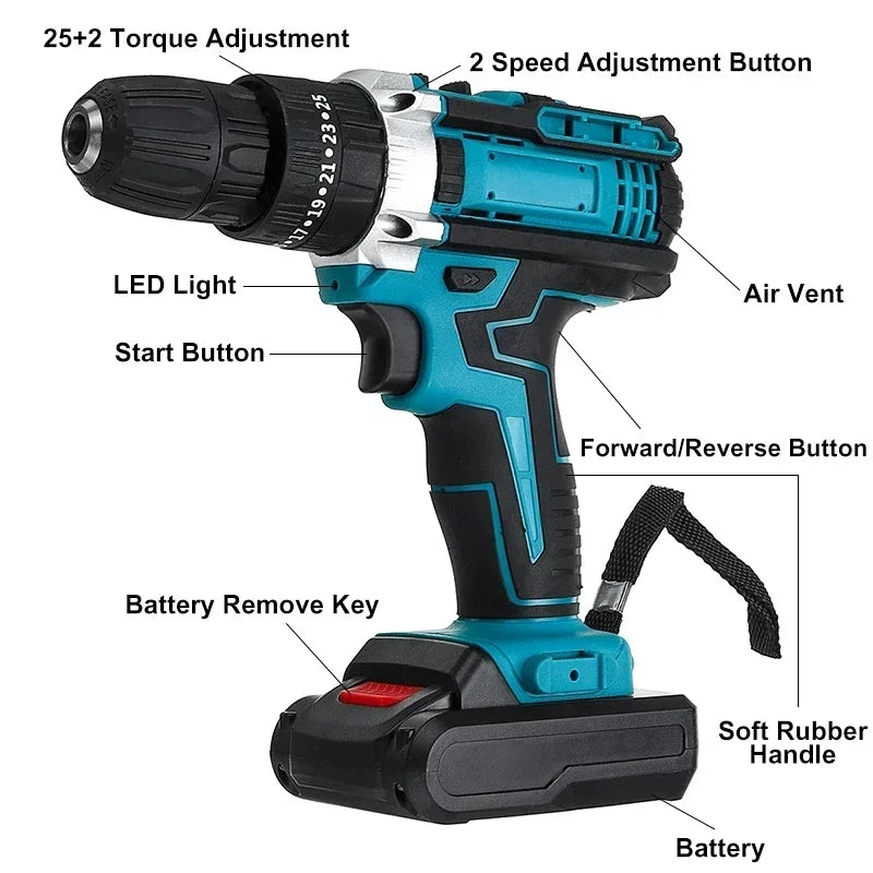 Gisam chave de fenda de impacto da bateria multifuncional furadeira sem fio ferramenta elétrica 25 + 3 ajuste torque 2 velocidade da engrenagem chave de fenda elétrica